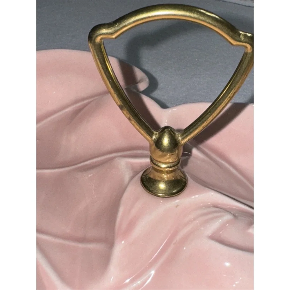 Vtg MCM USA Pottery Divided Sectioned BlushLeaf Ceramic Candy Dish Handle No 100